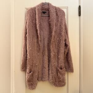 AS by DF rose pink furry open front cardigan w long sleeves w pearl details L